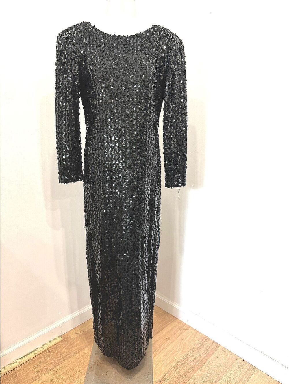 80s Glenrob Vintage Black Long Sleeve Sequin Evening Dress with Deep V Back